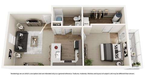 A floor plan of a small apartment with a kitchen, living room, and bedroom.